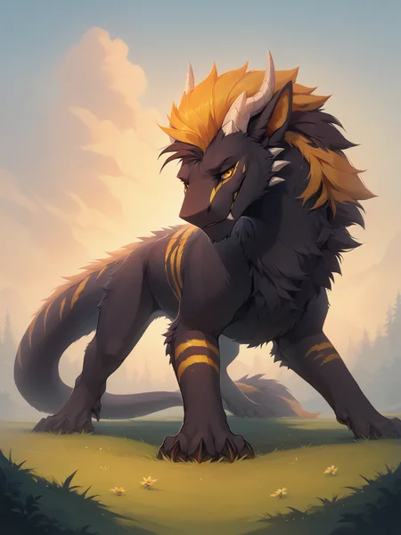 score_9, score_8_up, score_8, (felkin), furred dragon, feral, male, all fours, fluffy neck fur, black fur, yellow stripes, horn, glowing yellow eyes, digital painting, solo, flat color, soft lighting, rugged appearance, scruffy, standing, seductive, looking at viewer, close up, front view, grass, <lora:princess_xl_v2:1>, <lora:Smooth Anime Style LoRA XL:1>, <lora:LoraFelkinBYXL_felkin:1>