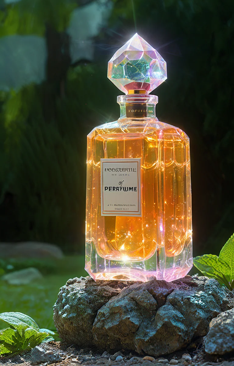 masterpiece,best quality,<lora:tbh34-sdxl:0.9>,illustration, A bottle of perfume in garden