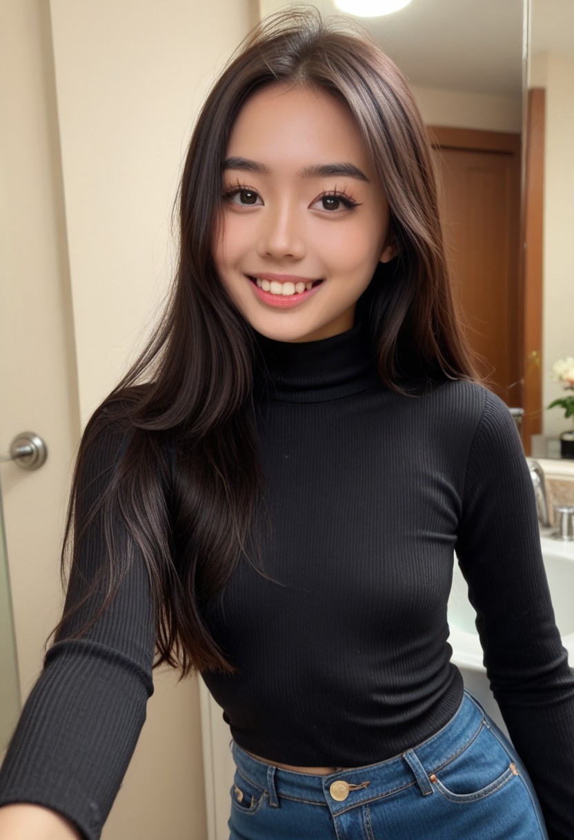 EZRealPONYXL, 1girl, (CerysMixer:1.6), masterpiece, best quality, Gorgeous woman, 18 years old, petite, cute, youthful appearance, standing, girls bathroom, sink, mirror, side view, from above, soft lighting, soft mood lighting, adorable, sexy taking a selfie, looking at her phone, long black hair, (straight hair:1.6), small breasts, tight black sweater, tight blue jeans, high detail, high definition, happy, inviting, score_9, score_8_up, score_7_up