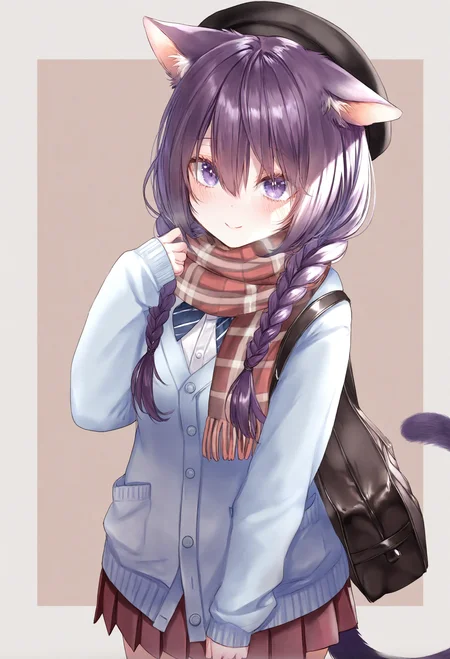 original, 1girl, animal ear fluff, animal ears, bag, beret, black hat, blue cardigan, blush, border, braid, brown background, cardigan, cat ears, cat girl, cat tail, closed mouth, hair between eyes, hair over shoulder, hand up, hat, long hair, plaid clothes, plaid scarf, pleated skirt, purple eyes, purple hair, red skirt, scarf, school uniform, shirt, shoulder bag, skirt, smile, solo, standing, tail, twin braids, two-tone background, white shirt
,masterpiece,best quality,very aesthetic,absurdres
<lora:pottsnessforNoob:0.95>