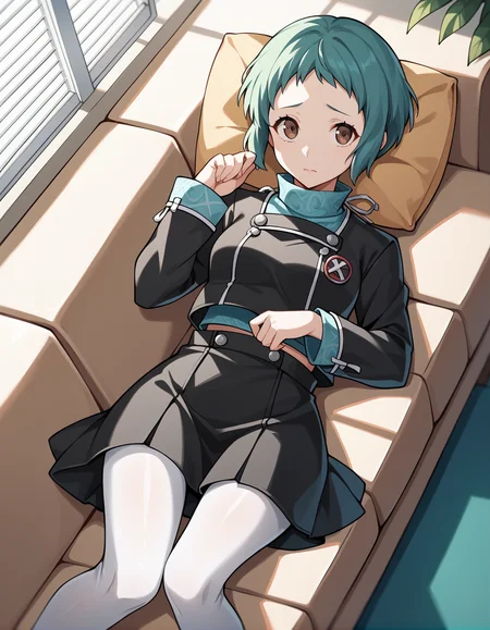 score_9, score_8_up, score_7_up, score_6_up, score_5_up, score_4_up, source_anime, rating_safe, BREAK <lora:fuukaXL_LoRA-C3Lier_AdamW_Dim16_Alpha16_UN-3e-4_TE-1.5e-4_10batch_ponyDiffusionV6XL_v6StartWithThisOne:1>, fuuka yamagishi, 1girl, aqua hair, short hair, brown eyes, blue turtleneck, gekkoukan high school uniform, black jacket, long sleeves, black skirt, white pantyhose, dutch angle, worried, closed mouth, looking at viewer, looking up, from above, depth of field, lying, on back, on couch, couch, cushion, window, window blinds, shade