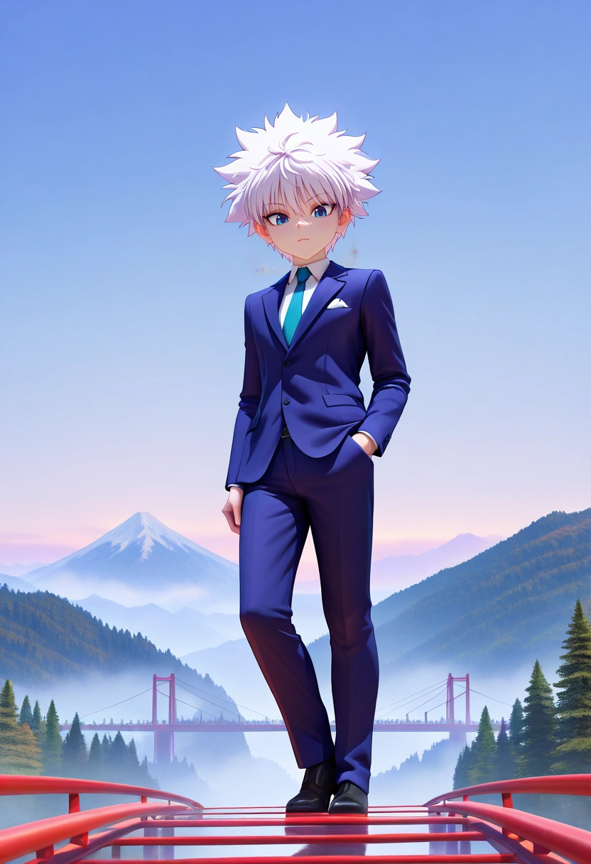 masterpiece, best quality, intricate details, (3d:0.4), looking at viewer, , 1boy, solo, male focus, <lora:killua_zoldyck_ilxl:1>, killua_zoldyck, white hair, blue eyes, short hair, spiked hair, bangs, messy hair, suspension bridge, fog, tree, mountain, crossing bridge, dawn, careful steps, looking down, businessman costume