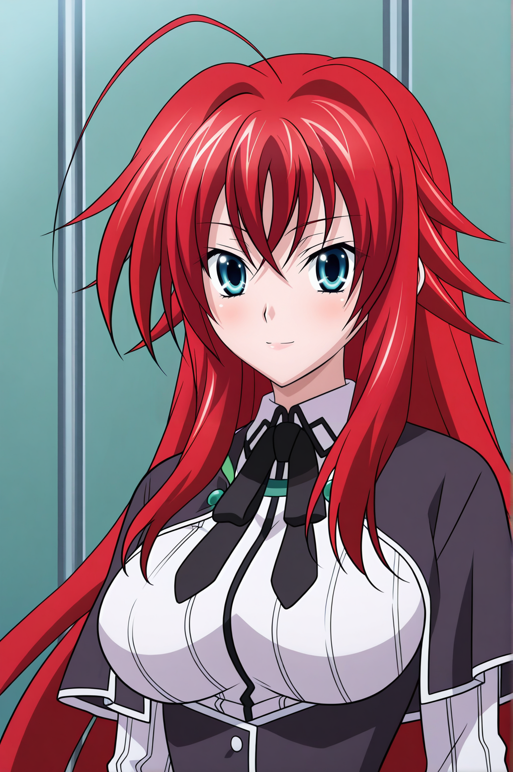 masterpiece, best quality, absurdres, highres, very aesthetic, very awa, BREAK, anime coloring, anime screencap,
 <lora:rias_gremory_v1-illustrious01:1>, 1girl, rias gremory, dxd, blue eyes, red hair, ahoge,
kuoh academy school uniform, long sleeves, black capelet,  upper body, 
BREAK, looking at viewer, light smile, 
BREAK,