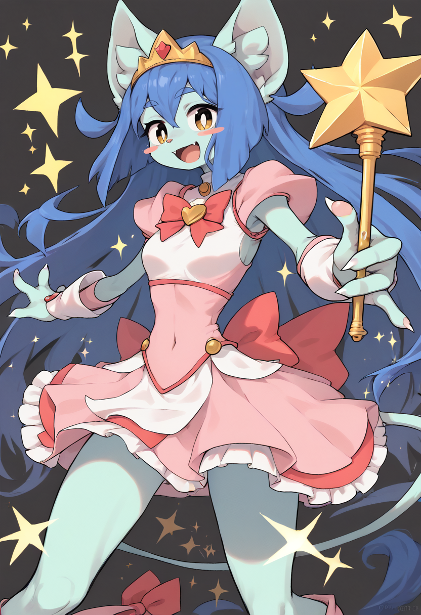 score_9, score_8_up, score_7_up, score_6_up, masterpiece, sfw,
Amboina, 1girl, anthro, blue fur, blue hair, long hair, yellow eyes, white pupils, pink nose,  claws, blush sticker,
magical girl, wand, :D, magic, sparkles, abstract background, action pose, open mouth, happy, heart, tiara,
<lora:Amboina_v2:1>