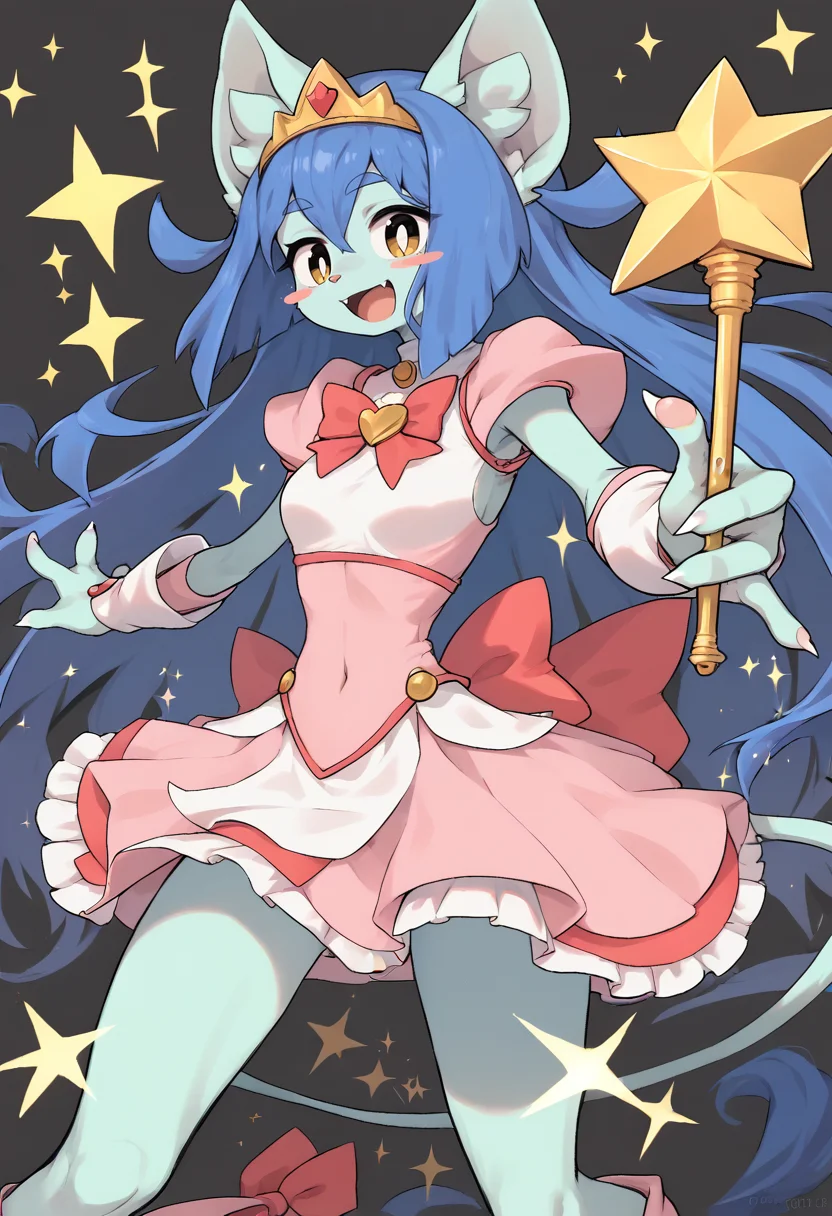 score_9, score_8_up, score_7_up, score_6_up, masterpiece, sfw,
Amboina, 1girl, anthro, blue fur, blue hair, long hair, yellow eyes, white pupils, pink nose,  claws, blush sticker,
magical girl, wand, :D, magic, sparkles, abstract background, action pose, open mouth, happy, heart, tiara,
<lora:Amboina_v2:1>