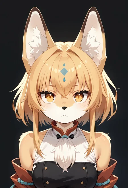 score_9, score_8_up, score_7_up, source_anime, beautiful detailed face, BREAK, 1girl, fox girl, with fox ears, with animal nose, with cheek fluff, body fur, face fur, two toned body fur, two toned face fur, fox, golden eyes, white forehead mark, 
Wuthering Waves nobody,
black background,
WUTHERING WAVES BACKGROUND,