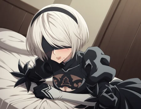score_9, score_8_up, score_7_up, source_anime,
2b, <lora:2b-s1-ponyxl-lora-nochekaiser:1>,
2b, yorha no. 2 type b, short hair, white hair, hairband, mole, black hairband, mole under mouth, blindfold, covered eyes, black blindfold,
gloves, long sleeves, dress, puffy sleeves, black dress, clothing cutout, cleavage cutout, juliet sleeves, feather-trimmed sleeves,
indoors, bed, bed room, on side, blush, drunk,
solo, dutch angle, looking at viewer, cowboy shot,