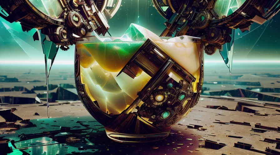 shattered warped reality, <lora:FragRealityTech:0.9> A bright and mellow Pisco Sour being served as reality collapses in on itself, a final drink to say goodbye, fragrealitytech <lora:AdvancedEnhancer:1> wide shot, scifi (Dark Wave Art:0.9), (bright hue:0.6) <lora:PrecursorTech:0.35>
