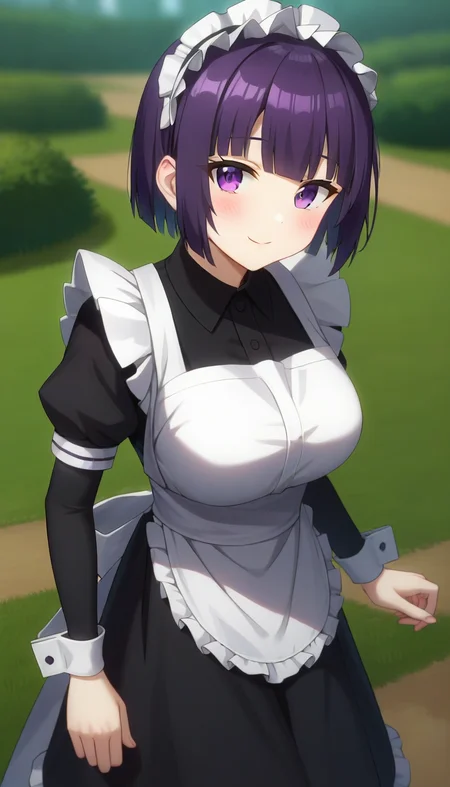 score_9,score_8_up,masterpiece,best quality,correct anatomy,anime_source,1girl,solo,perfect eyes,perfect arms,perfect legs,perfect face,outdoors,upper body,(portrait:1.5),looking at viewer,facing viewer,smile,blush,Eris,maid headdress,short hair,purple hair,bob cut,blunt bangs,purple eyes,frills,black dress,long dress,puffy sleeves,short sleeves,detached sleeves,wrist cuffs,long sleeves,large breasts,maid apron,white apron,frilled apron,black thighhighs,black footwear,<lora:Eris(tsdnod)-Pony:1.2>,