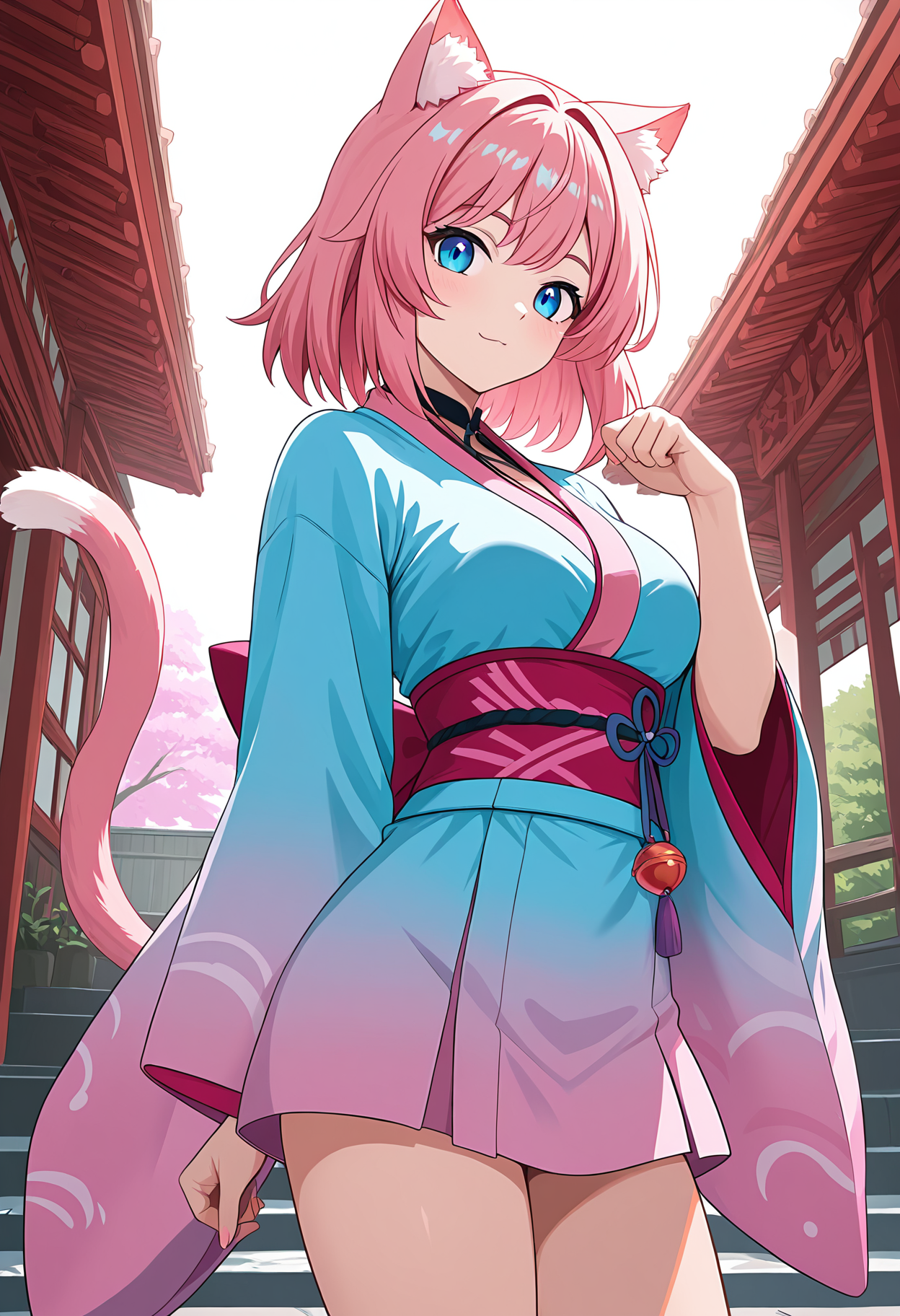 1girl, pink hair, cat ears, cat tail, masterpiece, 4k, medium breasts, cute, looking at viewer, adult, neon edge kimono, blue eyes, general, sfw,  <lora:CatgirlStyle_v2-000012:1>, CatGirlStyle