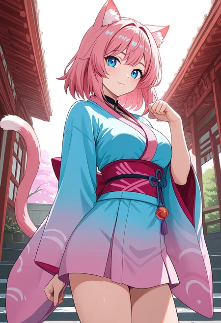 1girl, pink hair, cat ears, cat tail, masterpiece, 4k, medium breasts, cute, looking at viewer, adult, neon edge kimono, blue eyes, general, sfw, <lora:CatgirlStyle_v2-000012:1>, CatGirlStyle