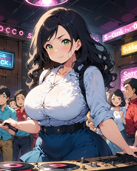 score_9, score_8_up, score_7_up, score_6_up, source_anime, rating_safe, ah1, 1girl, (curly hair), long hair, (black hair), mature female, (parted hair:1.7), (round face), (no_bangs:1.3), (no_fringe:1.6), looking at viewer, (thick eyebrows), (curvy), round-chin, (greenish hazel eyes), caucasian, (downturned eyes), <lora:ETO_OCPonyXL:0.5> eto_oc, skindentation, plump, thick thighs, wide hips, busty, voluptuous, kinky curls, lips, bad-hands-5, (blacksmith, dressed in work clothes with a hammer and an anvil in hand), (oxblood Swedish Blue Skirt Uniform, Comprises a blue skirt and white blouse), (in Nightclub, Dance Floor, vibrant neon lights, crowded with people dancing, DJ booth with turntables, large speakers, disco ball spinning), ((Satisfaction expression)), <lora:venus body PonyXL:0.8>, <lora:xl_more_art-full_v1:0.4>, <lora:shinyskin2:0.3> glistening skin, <lora:aesthetic_anime_v1s:0.4>, <lora:Expressive_H:0.4> Expressiveh, <lora:hairdetailpxl:0.4> hairdetailpxl, <lora:EpicF4nta5yXL:0.4>, <lora:detailxl:0.4> detailxl, <lora:Fant5yP0ny:0.4>, best quality, amazing quality, best aesthetic, absurdres, <lora:expressive eyes:0.4> expressive eyes, (Dutch Angle (from the side) view Close shot (focus on legs)), <lora:eyedetailpxl:0.4> eyedetailpxl,