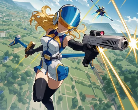 score_9, score_8_up, score_7_up,1girl,  solo,  anime screencap, highres  <lora:EDF_palewing_pdxl:1> palewing_armor, gold trim blue and white halter dress, black elbow gloves, black thighhighs, palewing_helmet, blue jetpack, visor down, covered eyes, blonde hair, long hair, flying, holding, crossbow, sky, serious, dynamic, dutch angle, from above, knees bent, jet trails