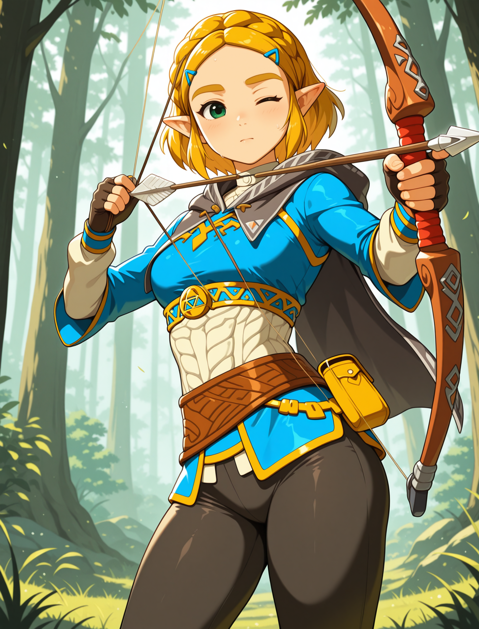 masterpiece, best quality, amazing quality BREAK zelda1x, tunicleggings, aiming bow, forest, one eye closed <lora:Zelda:1>