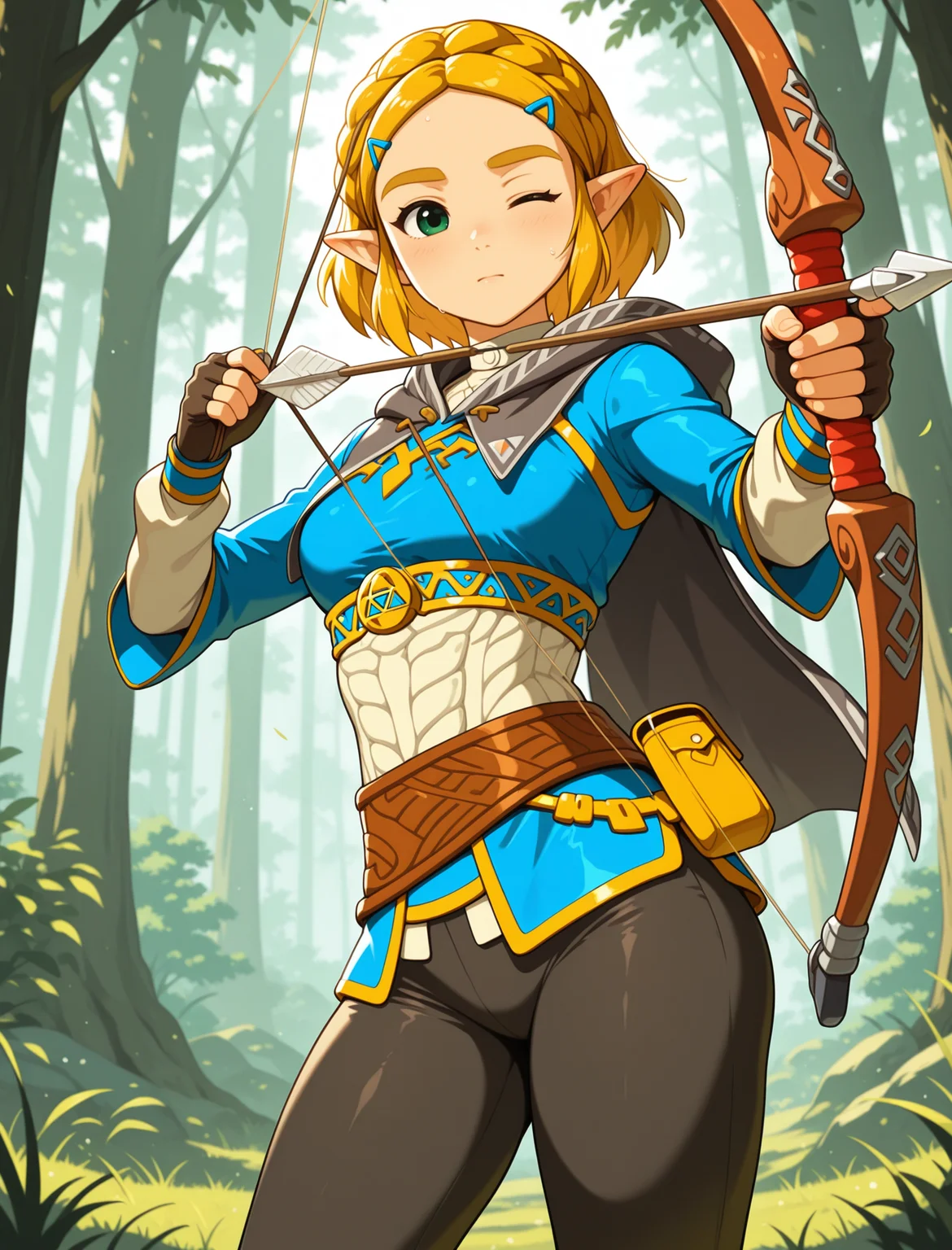 masterpiece, best quality, amazing quality BREAK zelda1x, tunicleggings, aiming bow, forest, one eye closed <lora:Zelda:1>