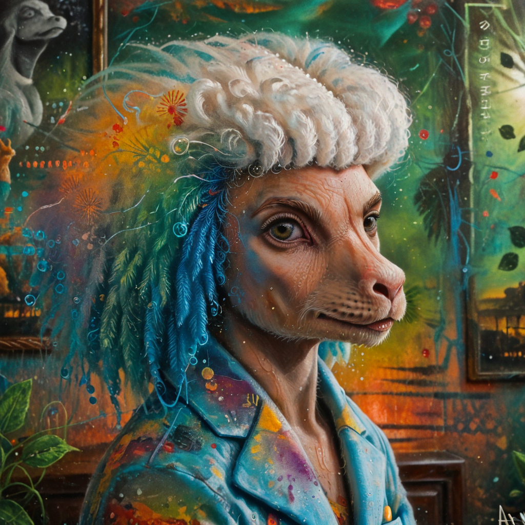 score_9,score_8_up,score_7_up,al_pt, acrylic paint (medium),surreal,colorful, wild, abstract,portrait, animal focus, no human,TheWeirdies, painting, Wet Hairy electric color (Poodle:1.2) with Ghostly formal suit, majestic, inside of a Plain Living room, at Sunrise, FOV 90 degrees, (designed by Samuel Silva:0.9) , (Anton Raphael Mengs:1.3) , Vivid, Shameless, Toyism Art, Direct light, pinhole lens, complementary colors, World-renowned