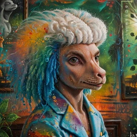 score_9,score_8_up,score_7_up,al_pt, acrylic paint (medium),surreal,colorful, wild, abstract,portrait, animal focus, no human,TheWeirdies, painting, Wet Hairy electric color (Poodle:1.2) with Ghostly formal suit, majestic, inside of a Plain Living room, at Sunrise, FOV 90 degrees, (designed by Samuel Silva:0.9) , (Anton Raphael Mengs:1.3) , Vivid, Shameless, Toyism Art, Direct light, pinhole lens, complementary colors, World-renowned