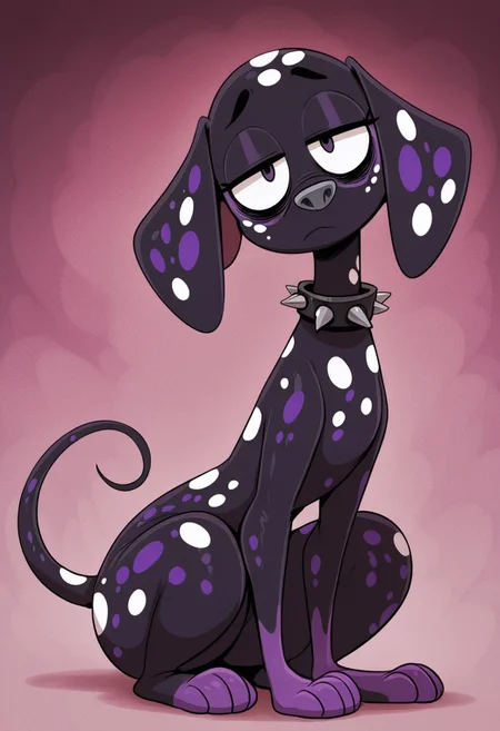 sunib3, SB, SB, masterpiece, best quality, amazing quality, Dante(101), solo, 1boy, dalmatian, dalmatian dog, feral, dog, dalmatian, black fur, white spots, purple spots, purple paws, gray nose, baggy eyes, pink bags under eyes, spiked collar, full body, head tilt, snout, looking at viewer, bored expression,