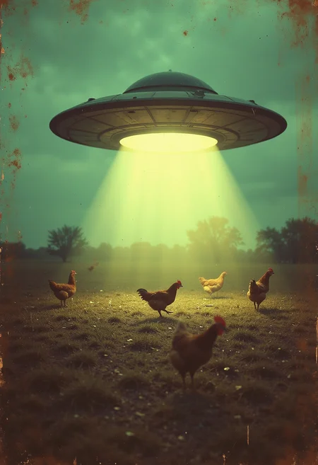 A large flying saucer shines down light on chickens running around in the field, in the style of vintage scifi movie posters