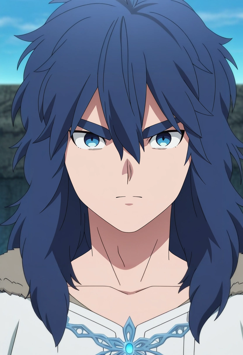 masterpiece, best quality, intricate details, anime screencap, , official style, looking at viewer, 1boy, solo, male focus, <lora:yui_kemono_jihen_ilxl:0.98>, yui_kemono_jihen, blue hair, blue eyes, long hair, hair between eyes, bangs, thick eyebrows, ,