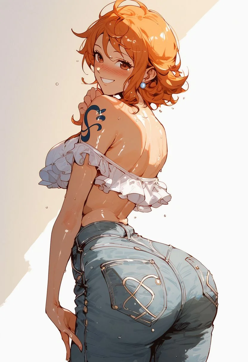 ,score_9, score_8_up, score_7_up, Expressiveh, (masterpiece), nami, low waist jeans shorts,(blush, joyful, smile), skinny, post timeskip nami, orange short hair, anime, from the back, looking at camera, huge ass, thight clothes, shiny skin, sexy, solo, beautiful face, perfect face, standing up, erotic pose, pink lightings, sunlight, oily skin, simple background, very detailled face, very detailled ass, solo, sweaty, wet, oily,