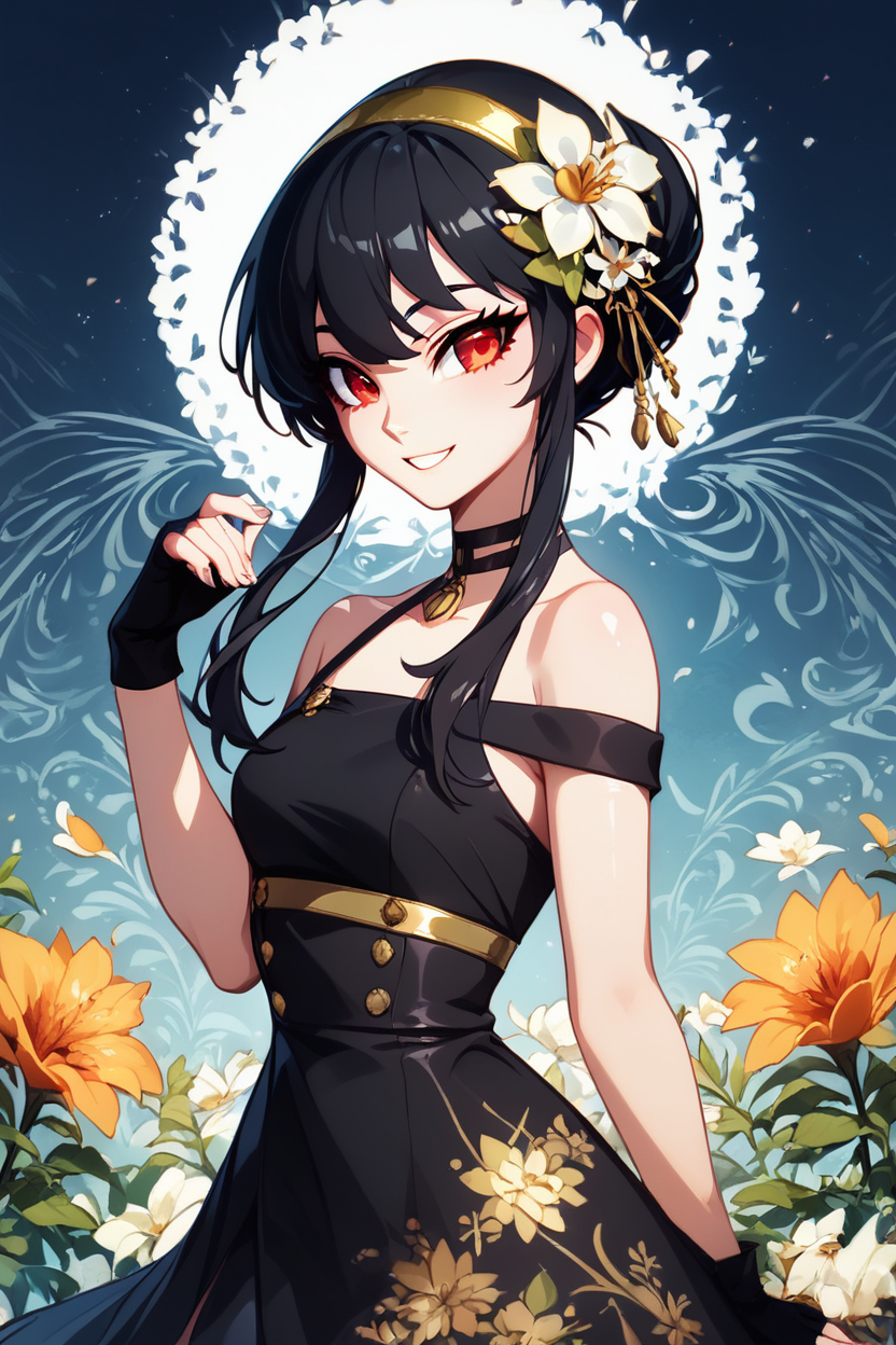 score_9, score_8_up, score_8, medium breasts, (curvy), cute, eyelashes,       BREAK, , BREAK, YorForger, 1girl, black hair, red eyes, short hair with long locks, gold hairband, hair flower, black choker, black dress, sleeveless, off shoulder, floral print, fingerless gloves, <lora:YorForgerXLpony004:0.8>,, ,,, shiny skin, <lora:ProAnime_PDXL_v1:0.8>, night garden, flowers, soft shadows, moonlight reflecting off skin, whisper of wind, ,,,, BREAK,  smile, looking at viewer, cowboy shot,  embedding:zPDXL, Expressiveh, <lora:SDXLFaeTastic2400:0.5>,  <lora:Expressive_H-000001:0.4>,