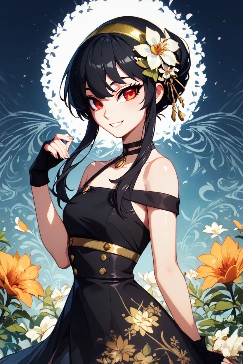 score_9, score_8_up, score_8, medium breasts, (curvy), cute, eyelashes, BREAK, , BREAK, YorForger, 1girl, black hair, red eyes, short hair with long locks, gold hairband, hair flower, black choker, black dress, sleeveless, off shoulder, floral print, fingerless gloves, <lora:YorForgerXLpony004:0.8>,, ,,, shiny skin, <lora:ProAnime_PDXL_v1:0.8>, night garden, flowers, soft shadows, moonlight reflecting off skin, whisper of wind, ,,,, BREAK, smile, looking at viewer, cowboy shot, embedding:zPDXL, Expressiveh, <lora:SDXLFaeTastic2400:0.5>, <lora:Expressive_H-000001:0.4>,