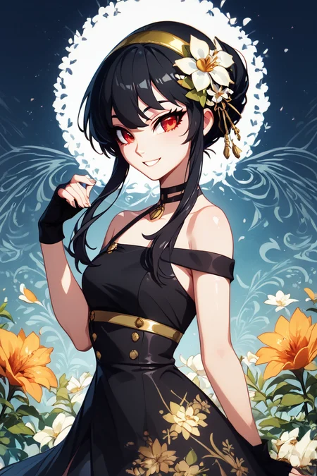 score_9, score_8_up, score_8, medium breasts, (curvy), cute, eyelashes, BREAK, , BREAK, YorForger, 1girl, black hair, red eyes, short hair with long locks, gold hairband, hair flower, black choker, black dress, sleeveless, off shoulder, floral print, fingerless gloves, <lora:YorForgerXLpony004:0.8>,, ,,, shiny skin, <lora:ProAnime_PDXL_v1:0.8>, night garden, flowers, soft shadows, moonlight reflecting off skin, whisper of wind, ,,,, BREAK, smile, looking at viewer, cowboy shot, embedding:zPDXL, Expressiveh, <lora:SDXLFaeTastic2400:0.5>, <lora:Expressive_H-000001:0.4>,