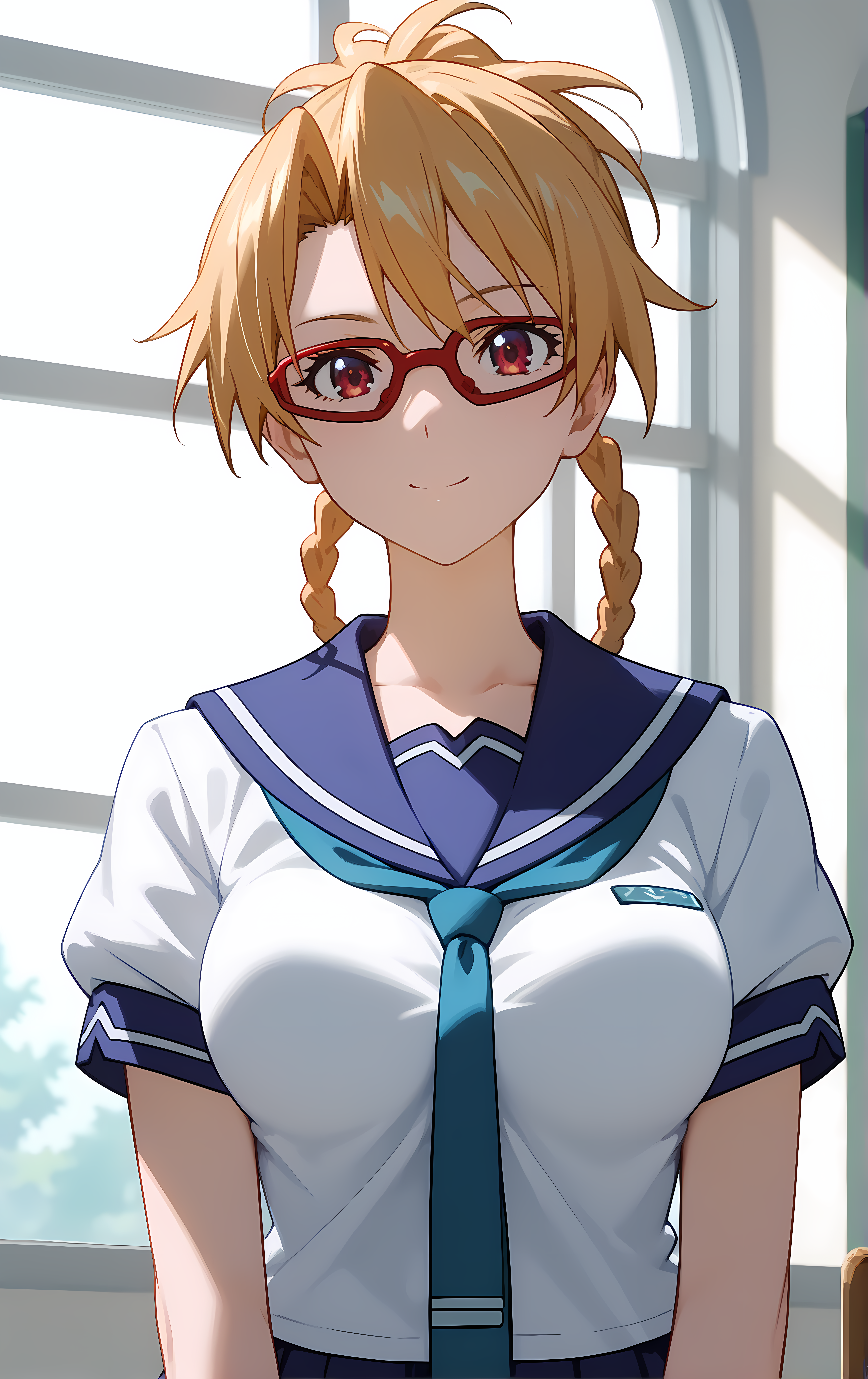 (score_9, score_8_up, score_7_up), standing, looking at viewer, closed mouth, light smile, tight clothes, close-up,
ohwx, 1girl, solo, school_uniform, glasses, braid, breasts, skirt, blonde_hair, red-framed_eyewear, pleated_skirt, large_breasts, serafuku, long_hair, blue_skirt, necktie, ponytail, sailor_collar,
 <lora:furan_takaki_pony_ss:1>
window, sunlight, classroom,