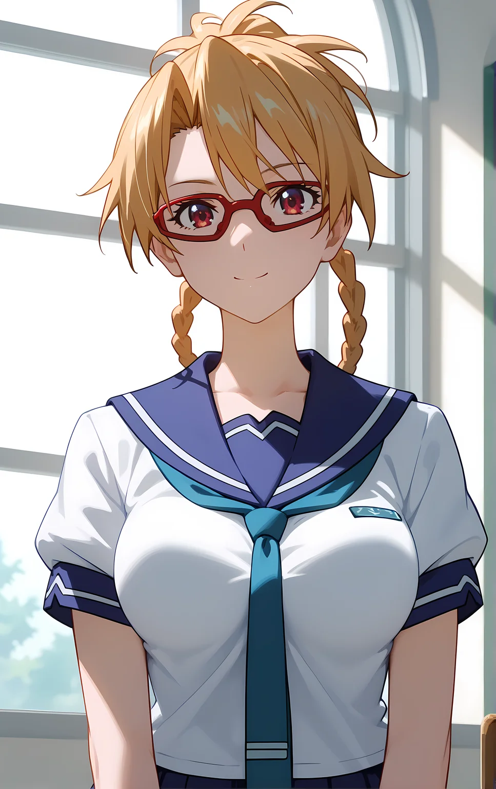 (score_9, score_8_up, score_7_up), standing, looking at viewer, closed mouth, light smile, tight clothes, close-up,
ohwx, 1girl, solo, school_uniform, glasses, braid, breasts, skirt, blonde_hair, red-framed_eyewear, pleated_skirt, large_breasts, serafuku, long_hair, blue_skirt, necktie, ponytail, sailor_collar,
<lora:furan_takaki_pony_ss:1>
window, sunlight, classroom,