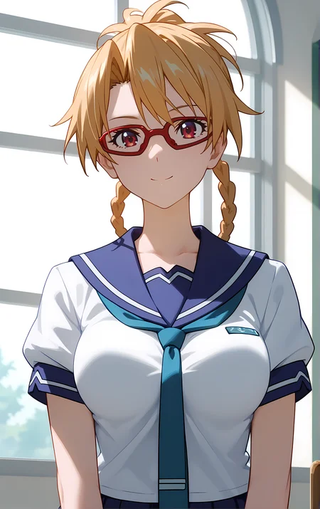 (score_9, score_8_up, score_7_up), standing, looking at viewer, closed mouth, light smile, tight clothes, close-up,
ohwx, 1girl, solo, school_uniform, glasses, braid, breasts, skirt, blonde_hair, red-framed_eyewear, pleated_skirt, large_breasts, serafuku, long_hair, blue_skirt, necktie, ponytail, sailor_collar,
<lora:furan_takaki_pony_ss:1>
window, sunlight, classroom,
