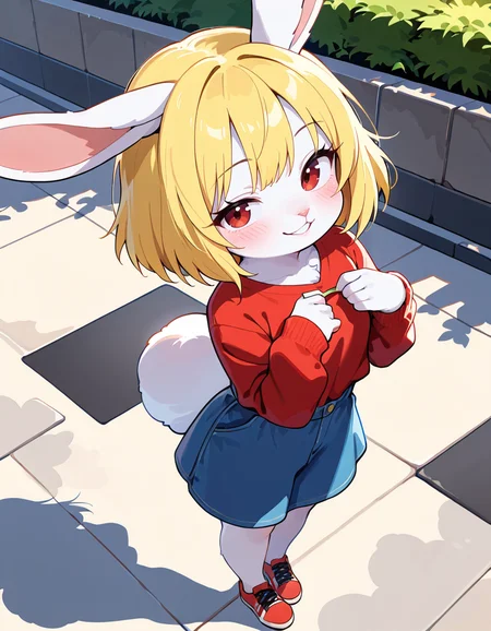 masterpiece, best quality, very aesthetic, absurdres,
outdoors, dressed shadow \(meme\), 
full body, casual, 
seductive smile, parted lips, long eyelashes,
 <lora:Carrot_v01_NAIXL-000011:1>
Ca3307,1girl,solo,furry,furry female,rabbit girl,short hair,blonde hair,rabbit ears,red eyes,animal nose,body fur,white fur,rabbit tail,