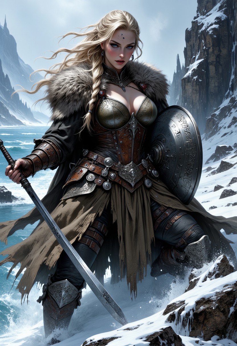 score_9, score_8_up, score_7_up, (Fantasy Female).
In a frigid, rocky coastal landscape, a formidable Norse shieldmaiden is shown in a stealthy, crouching stance, as if sneaking up on an enemy. She has a strong, curvaceous figure with pale, freckled skin. Her long, braided blonde hair is adorned with small silver trinkets, and a Viking helmet with intricate designs rests atop her head, framing her piercing blue eyes. Her attire consists of a thick, woolen tunic that clings to her form, layered with leather armor and fur accents to protect against the cold. A sturdy, wide belt cinches her waist, and a pair of heavy boots cover her legs.
Viewed from the side and slightly behind, her form is bent low, her muscles tense and ready for action. She grips a round shield in one hand, its surface marked with runes and battle scars, while her other hand holds a long, double-edged sword. The background shows a rugged, rocky shoreline with crashing waves and distant snow-capped mountains, providing a stark and dramatic setting that highlights her strength and resilience.