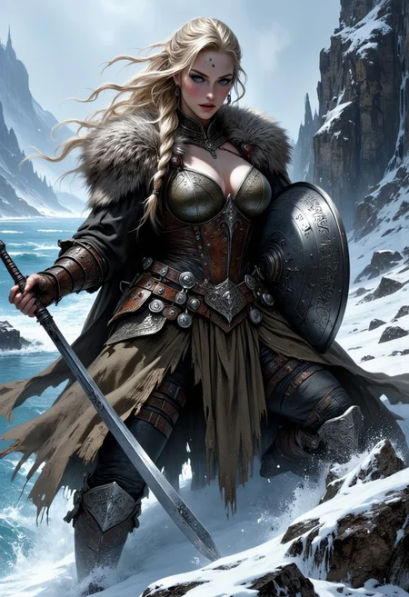 score_9, score_8_up, score_7_up, (Fantasy Female).
In a frigid, rocky coastal landscape, a formidable Norse shieldmaiden is shown in a stealthy, crouching stance, as if sneaking up on an enemy. She has a strong, curvaceous figure with pale, freckled skin. Her long, braided blonde hair is adorned with small silver trinkets, and a Viking helmet with intricate designs rests atop her head, framing her piercing blue eyes. Her attire consists of a thick, woolen tunic that clings to her form, layered with leather armor and fur accents to protect against the cold. A sturdy, wide belt cinches her waist, and a pair of heavy boots cover her legs.
Viewed from the side and slightly behind, her form is bent low, her muscles tense and ready for action. She grips a round shield in one hand, its surface marked with runes and battle scars, while her other hand holds a long, double-edged sword. The background shows a rugged, rocky shoreline with crashing waves and distant snow-capped mountains, providing a stark and dramatic setting that highlights her strength and resilience.