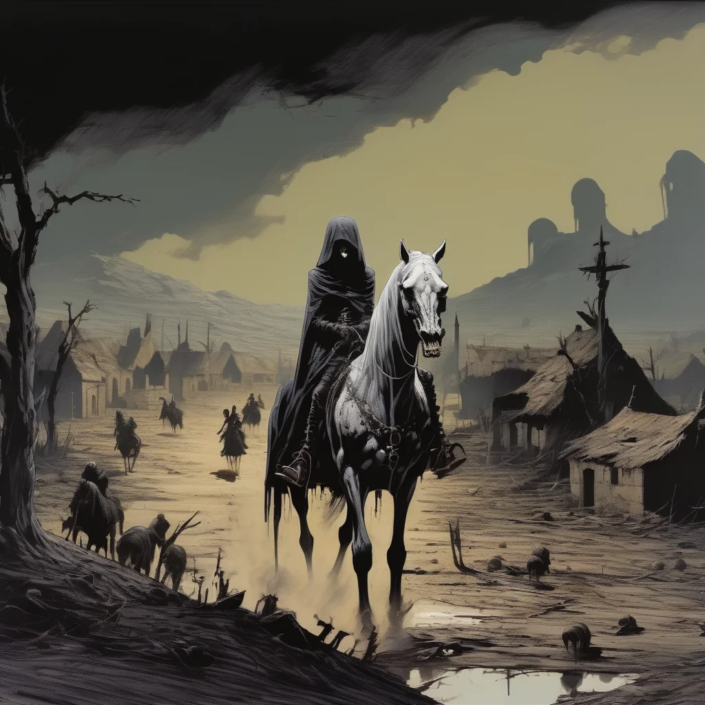 abycrimviso girl death on a horse, village in the background<lora:abycrimviso:1>