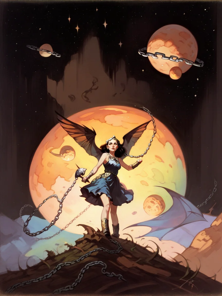 score_9, score_8_up, score_7_up, score_6_up, score_5_up,   <lora:fr4z3XLP:1> fr4z3, chain, wings, nature, holding weapon, yellow eyes, planet, dress, 1girl