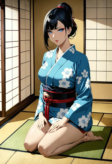 masterpiece, best quality, 4k, 8k, 1girl, (kunoichi:1.1), medium breasts, black hair, medium hair, ponytail, blue eyes, facing viewer, (kimono:1.15), (seiza:1.1), japanese house, <lora:naughty_to_nice_XL_v1.0:5>