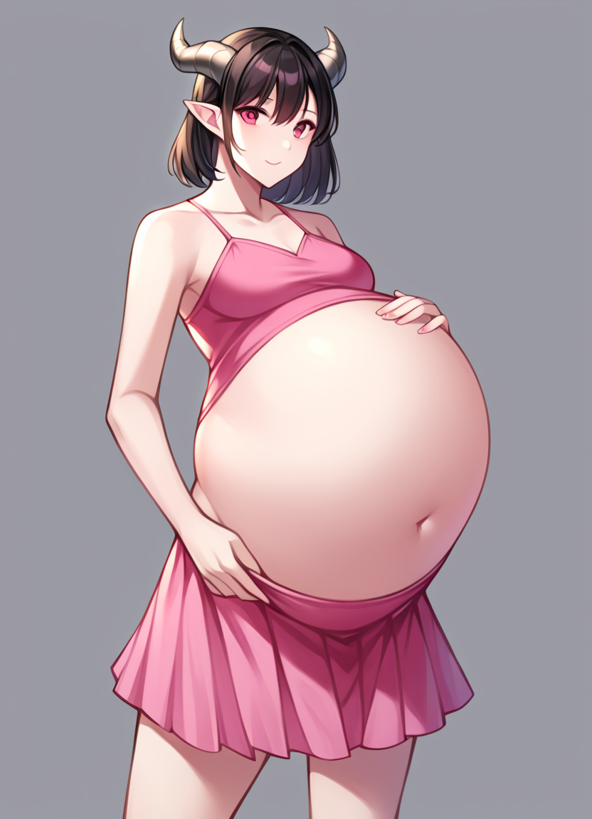 (score_9:1.1), female only, best quality, high rating, 1girl, (bellyheavy), (stuffed belly:1.2), low navel, skirt, female, pale skin, pale-skinned female, solo, (huge belly), dragon horns, pink dress, standing, medium hair, real ,(very fine 8K CG wallpaper1.2),(ultra-detailed:1.2),(illustration:1.2),(Cinematic Lighting)] <lora:stuffed_belly_v2-sdxl-DoRa:1.2>