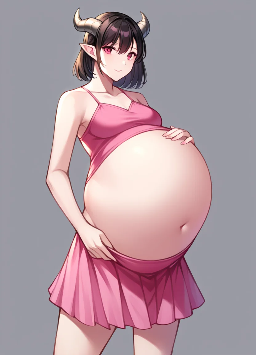 (score_9:1.1), female only, best quality, high rating, 1girl, (bellyheavy), (stuffed belly:1.2), low navel, skirt, female, pale skin, pale-skinned female, solo, (huge belly), dragon horns, pink dress, standing, medium hair, real ,(very fine 8K CG wallpaper1.2),(ultra-detailed:1.2),(illustration:1.2),(Cinematic Lighting)] <lora:stuffed_belly_v2-sdxl-DoRa:1.2>