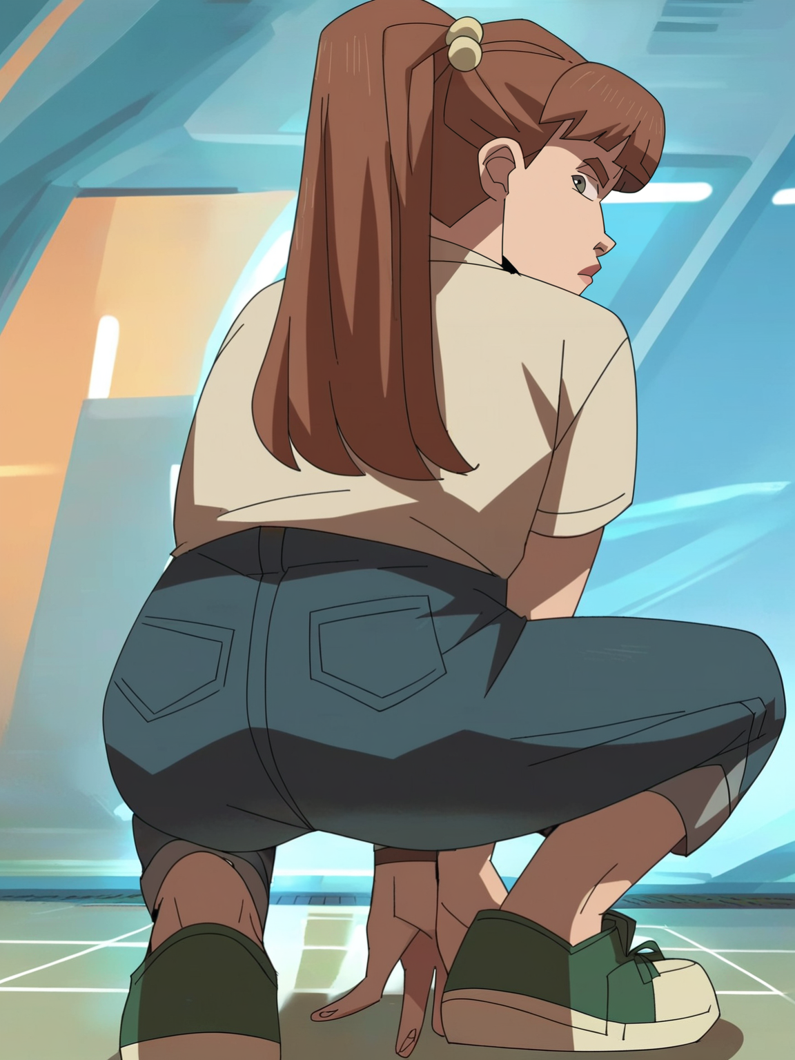 <lora:monster_girlv2:1> m_g, 1girl, brown ponytail hair, bangs, hairpin, small body, skinny body, grey eyes,
looking at viewer, dancing, twerking, ass focus, squatting, sneakers, denim shorts, score_9, score_8_up, score_7_up,