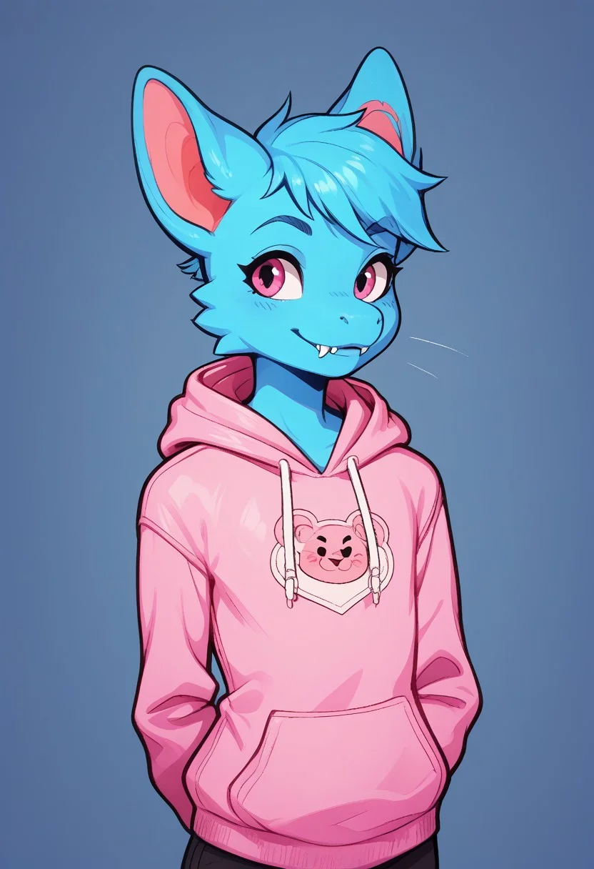 (easynegative 1) dragon, anthro, furry, young, miniature, male, o, blue body, girly, very wide smile, fangs, smirk, hoodie, hands behind back, solo, looking at, cute, , good_hands