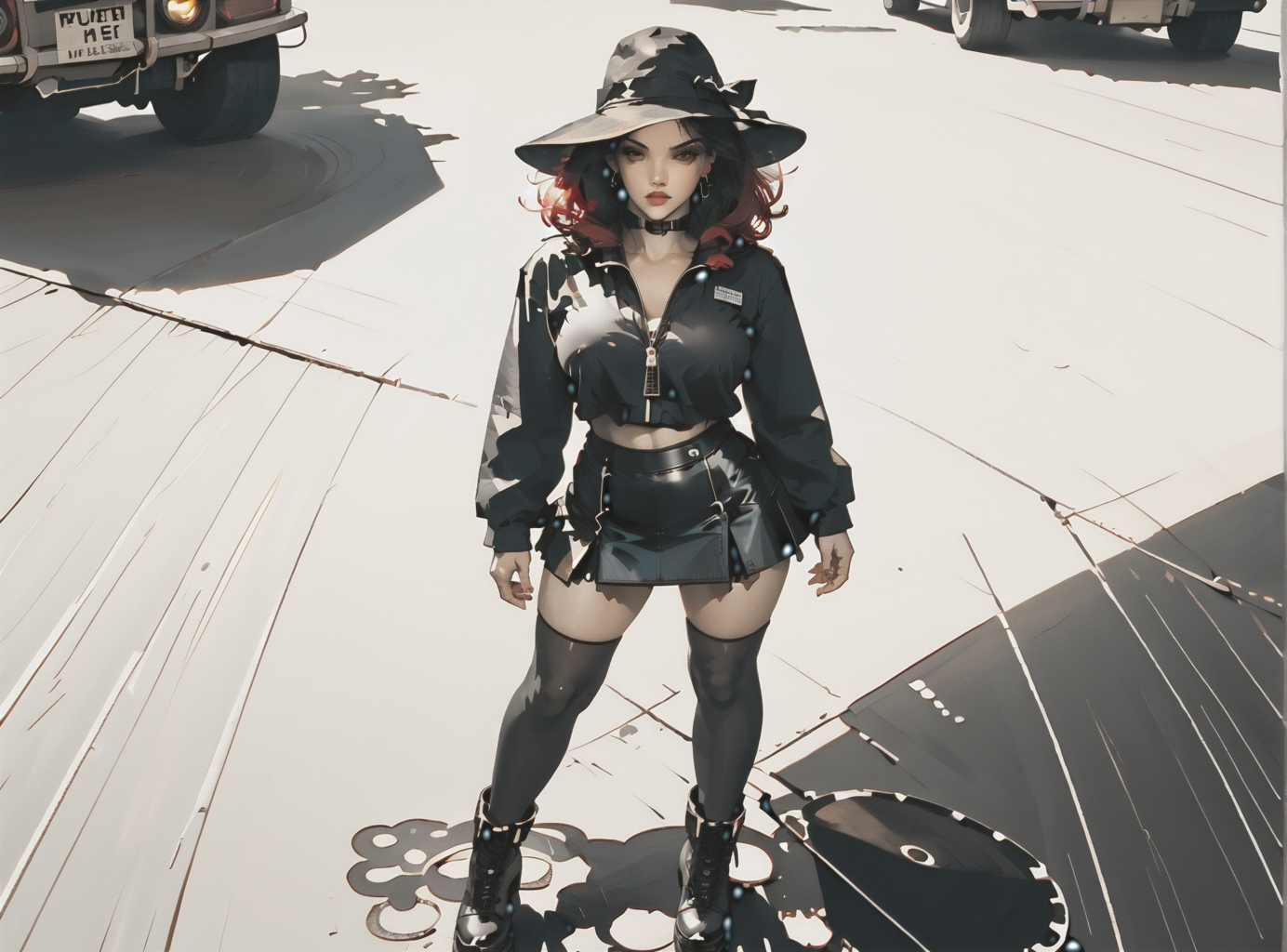 score_9, score_8_up, score_7_up, Fighting scene, shot from above, looking up against all odds, woman, pale skin, huge breasts, <lora:sm0k3XLP:1>, <lora:goth_clothes:1>, (black sunhat, black stockings, black skirt, black top, zipper boots, crimson red hair, black highlights, <lora:Shiki:1>, <lora:Dark_Retro_Scifi_Aesthetic:1>,