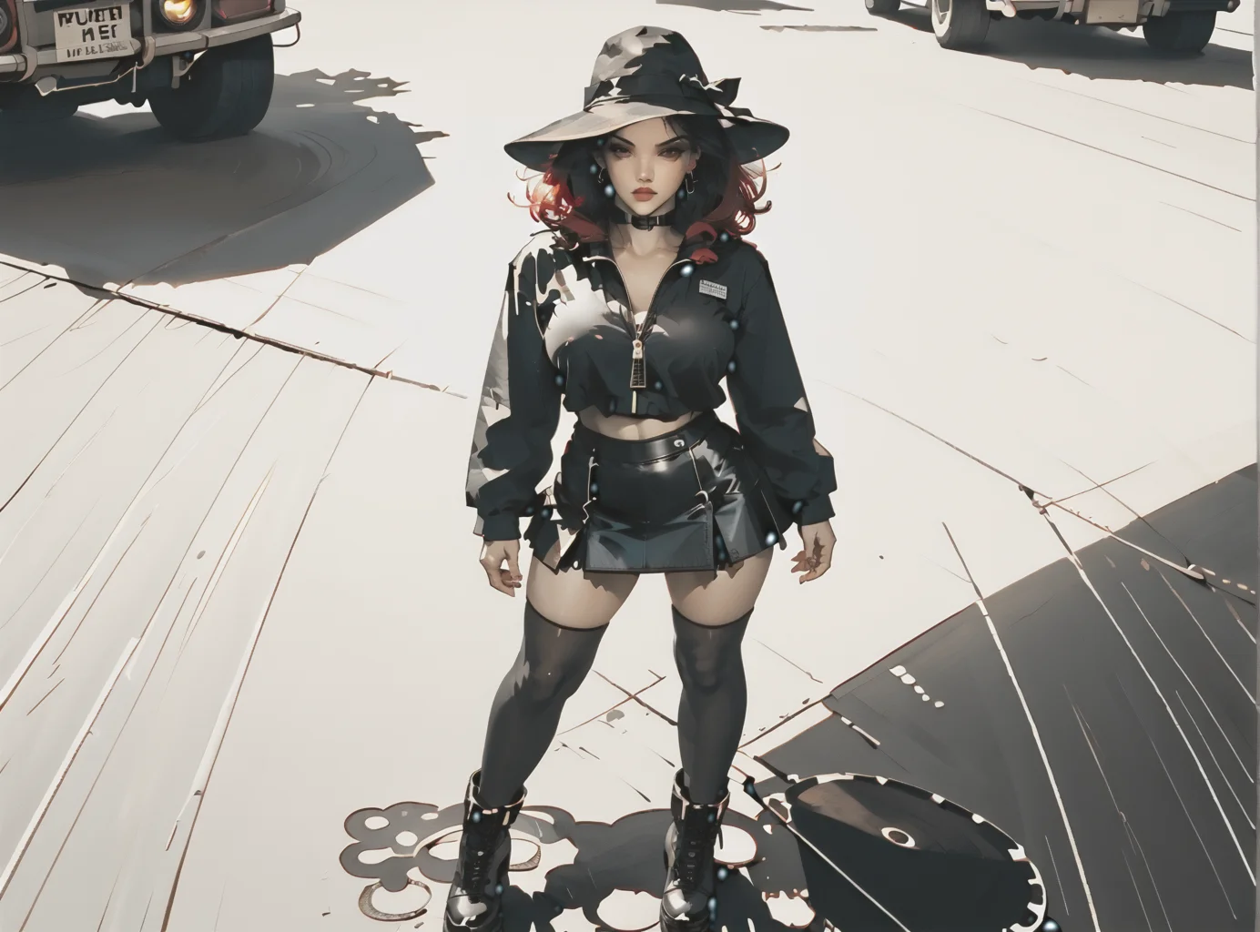 score_9, score_8_up, score_7_up, Fighting scene, shot from above, looking up against all odds, woman, pale skin, huge breasts, <lora:sm0k3XLP:1>, <lora:goth_clothes:1>, (black sunhat, black stockings, black skirt, black top, zipper boots, crimson red hair, black highlights, <lora:Shiki:1>, <lora:Dark_Retro_Scifi_Aesthetic:1>,