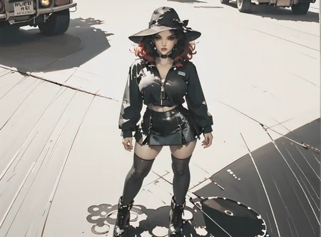 score_9, score_8_up, score_7_up, Fighting scene, shot from above, looking up against all odds, woman, pale skin, huge breasts, <lora:sm0k3XLP:1>, <lora:goth_clothes:1>, (black sunhat, black stockings, black skirt, black top, zipper boots, crimson red hair, black highlights, <lora:Shiki:1>, <lora:Dark_Retro_Scifi_Aesthetic:1>,