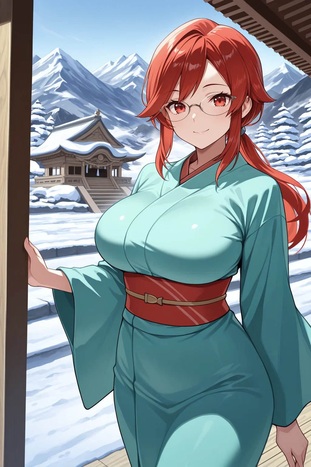 masterpiece, best quality, 1girl, solo, <lora:lorelei-illu-nvwls-v1-000006:1> rglorl, red hair, swept bangs, sidelocks, low ponytail, red eyes, glasses, large breasts, aqua kimono, sash, wide sleeves, mountain, snow, winter, temple, smile, walking, looking at viewer