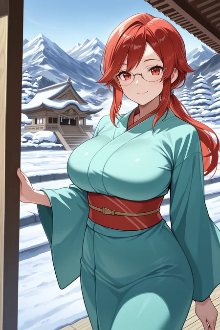 masterpiece, best quality, 1girl, solo, <lora:lorelei-illu-nvwls-v1-000006:1> rglorl, red hair, swept bangs, sidelocks, low ponytail, red eyes, glasses, large breasts, aqua kimono, sash, wide sleeves, mountain, snow, winter, temple, smile, walking, looking at viewer