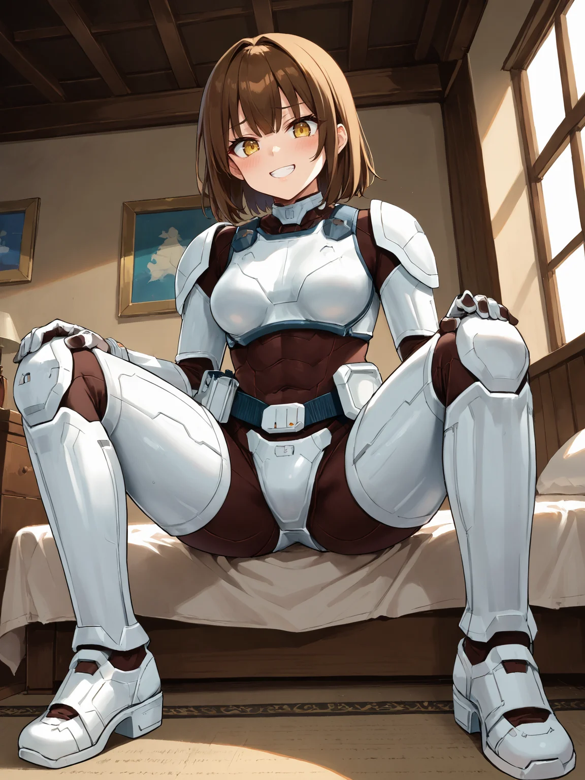 score_9, score_8_up, score_7_up, <lora:offset_0.2:0.1>, <lora:spo_sdxl_10ep_4k-data_lora_webui:1>, BREAK,
1girl, solo, source_anime, BREAK,
terraformarsmoviebodysuit, armored bodysuit, black bodysuit, white armor, boobplate, shoulder pads, wrist guards, black gloves, white gloves, utility belt, belt pouch, hip armor, crotch plate, thigh armor, knee pads, shin guards, armored shoes, <lora:Terraformars:1>, BREAK,
brown hair, choppy bangs, sidelocks, medium hair, yellow eyes, medium breasts, BREAK,
embarrassed, blush, smile, BREAK,
sitting, spread legs, on bed, hands on own thighs, BREAK,
from below, full body, indoors, bedroom
