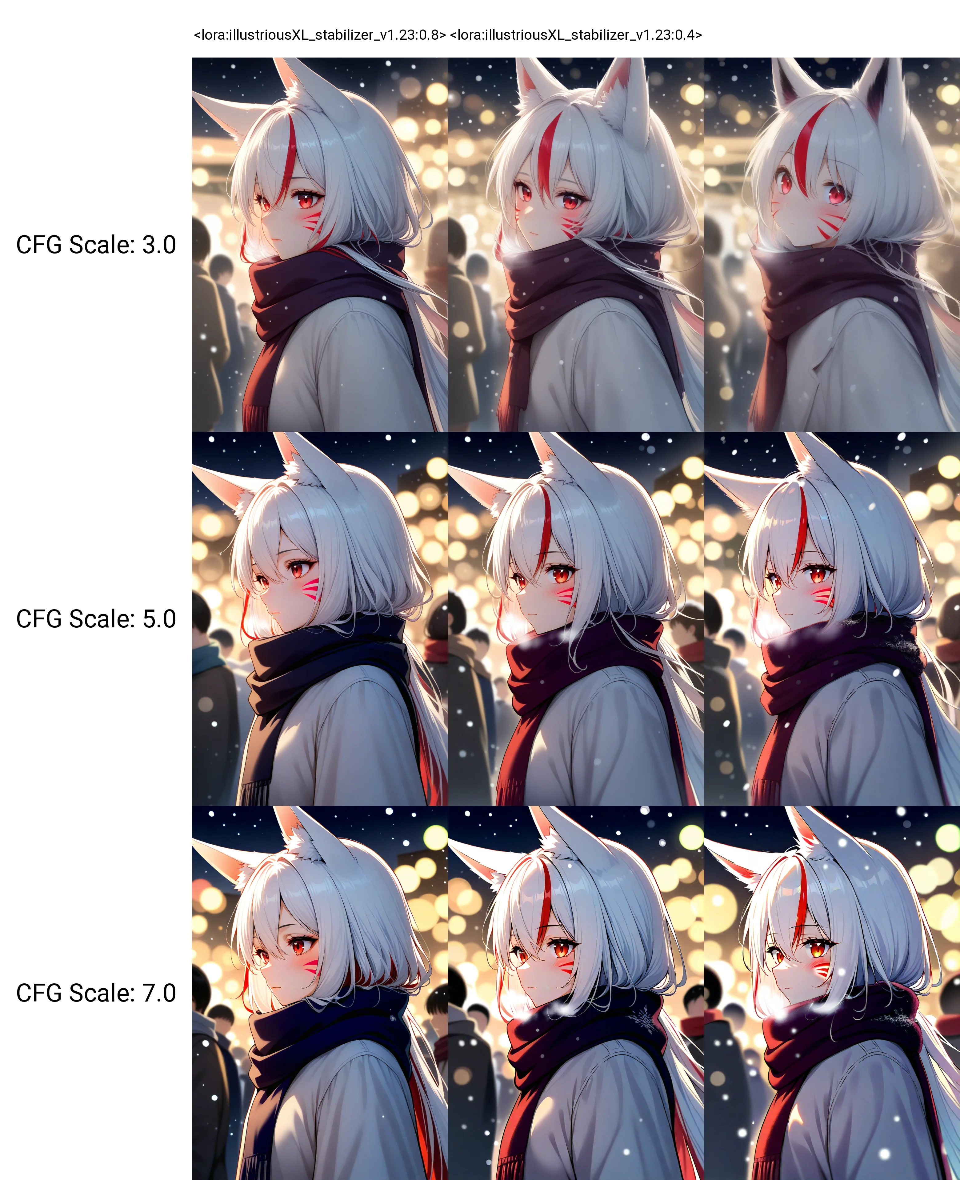 <lora:illustriousXL_stabilizer_v1.23:0.8>1girl,fox ears,red eyes,white hair,red hair,long hair,hair between eyes,closed mouth,multicolored hair,red whisker markings,scarf,upper body,from side,snowing,people,night,bokeh,masterpiece,best quality,