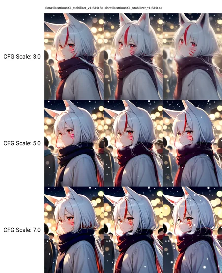 <lora:illustriousXL_stabilizer_v1.23:0.8>1girl,fox ears,red eyes,white hair,red hair,long hair,hair between eyes,closed mouth,multicolored hair,red whisker markings,scarf,upper body,from side,snowing,people,night,bokeh,masterpiece,best quality,