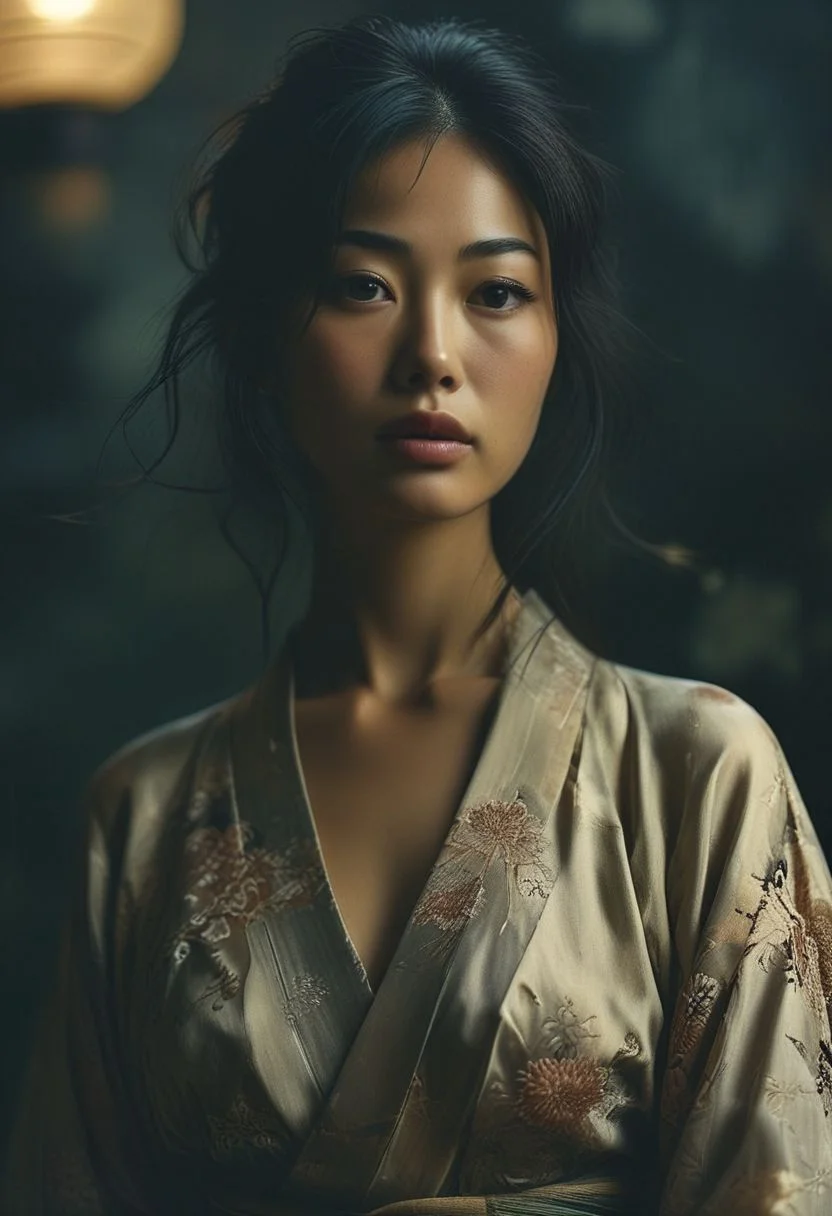 medium shot, dark photo, a evocative medium shot of a beautiful japanese woman